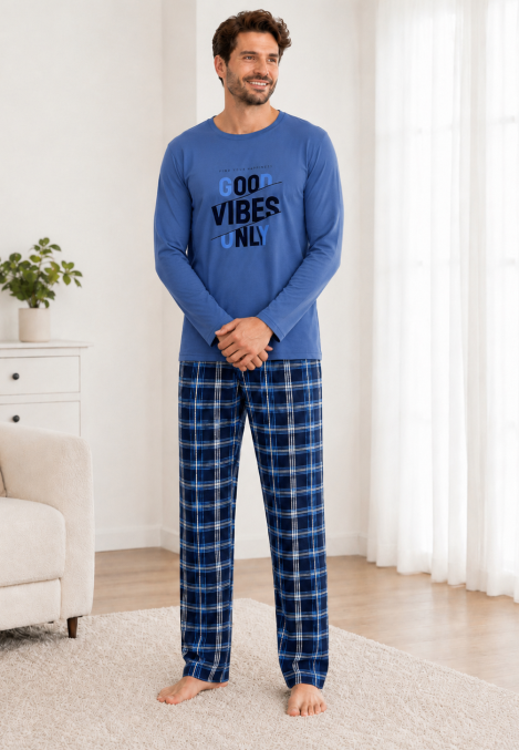 Pijama barbati Serena cu maneca lunga si pantalon lung- Albastru,Engros